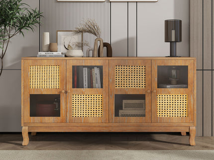Retro Industrial 4 Door Sideboard With Large Storage, Rattan And Glass Doors