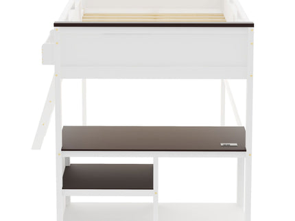 Queen Size Loft Bed With Desk, Open Shelf, Storage Box And USB Charging Station - White