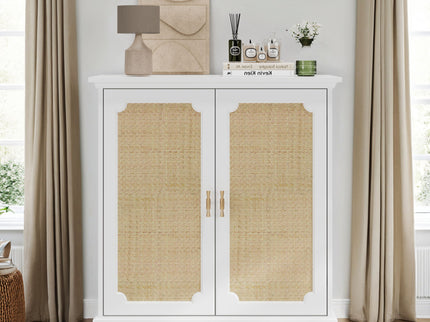 Rattan Decorated Sideboard Buffet Storage Liquor Cabinet - White