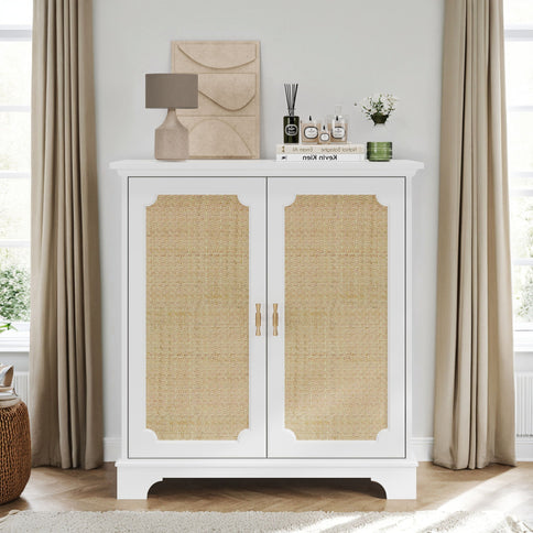 Rattan Decorated Sideboard Buffet Storage Liquor Cabinet - White