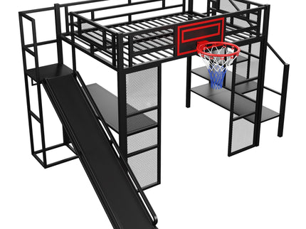 Loft Bed With Built In Desk, Open Wardrobe, Basketball Hoop, Slide And Staircase