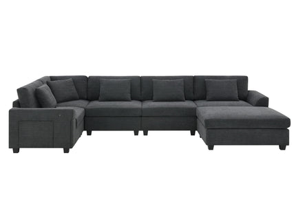U Shaped Sectional Sofa 6 Seat Couch Set With Oversized Ottoman, Hidden Armrest Storage And Cup Holders USB Charging Ports Wide Seat Sofa