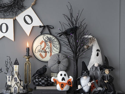 Sitting Gnome With Broomstick & Long Legs, For Halloween Decor - Black White