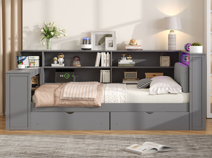 Platform Bed With Upholstered Headboard, Storage Shelves, Drawers, Charging Station, LED Lighting, Built In Desk