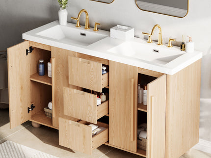 Double Sink Bathroom Vanity With Sinks, Soft Close Doors & 3 Drawers - Wood