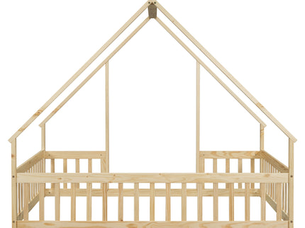 Wood House-Shaped Floor Bed With Fence, Guardrails