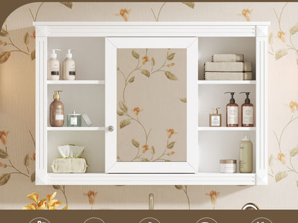 Wall Mounted Bathroom Storage Cabinet With Mirror, Medicine Cabinet With 6 Open Shelves And Adjustable Interior - White
