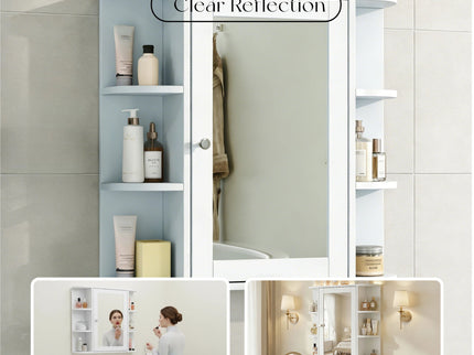 Bathroom Wall Storage Cabinet With Mirror And Adjustable Shelf, 6 Open Shelves