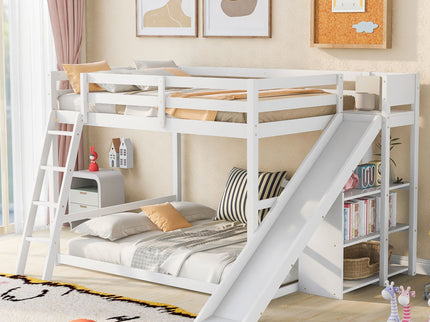 Bunk Bed With Ladder, Slide, And Shelves Pine Wood