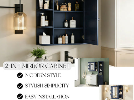 Bathroom Wall Storage Cabinet With Mirror And Adjustable Shelf, 6 Open Shelves