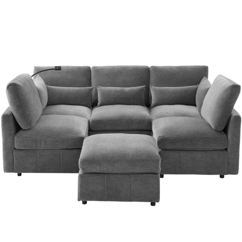 Modern Modular U-Shaped Sofa Bed With Movable Ottoman, USB Ports, Phone Holder