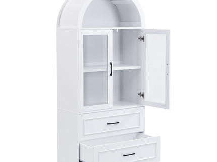 Arched Top Storage Cabinet With Fixed 2 Tier Shelves, 2 Large Drawers