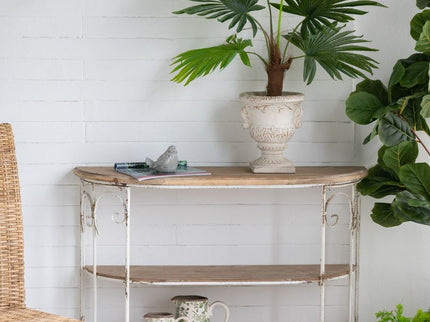 3 Tiered Wooden Shelving Unit With Ornate Iron Frame - Multicolor