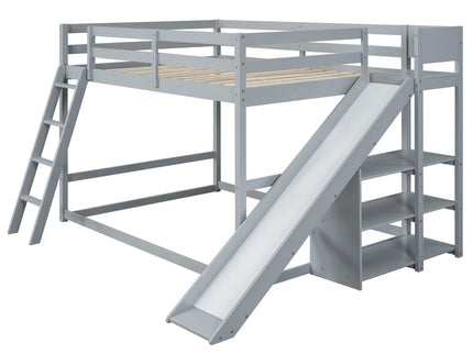 Bunk Bed With Ladder, Slide, And Shelves Pine Wood