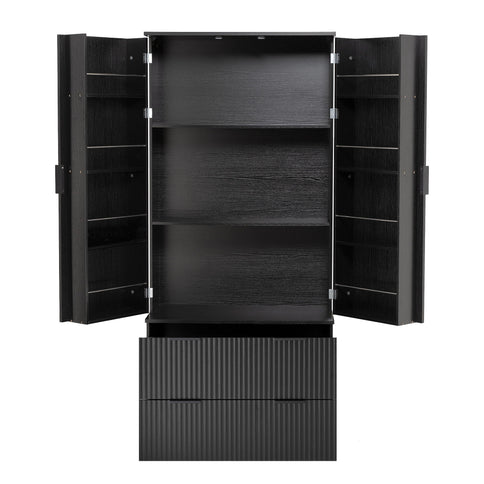 Fluted Kitchen Pantry Cabinet With 2 Large Drawers & 8 Door Spice Rack Freestanding Storage Organizer - Black
