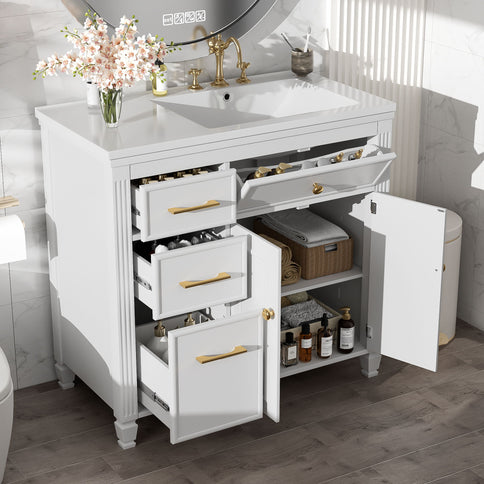 Bathroom Vanity With Sink, 1 Tip Out Drawer, 3 Side Drawers, Adjustable Shelf