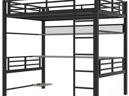 Full Size Loft Bed Frame With Storage Shelf And LED Light - Black