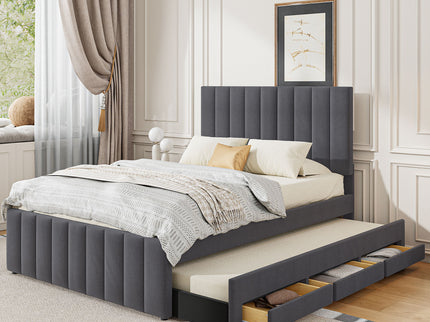 Upholstered Platform Bed With Twin Size Trundle And 3 Drawers