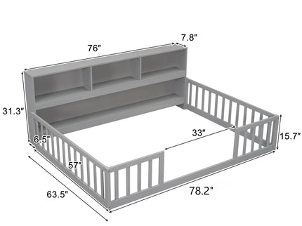 Floor Bed With Side Bookcase, Shelves, Guardrails
