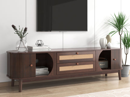 TV Stand For TVs Up To 75'', Cabinet With Drawers And Sliding Doors, Living Room Entertainment Console - Natural Wood / Brown
