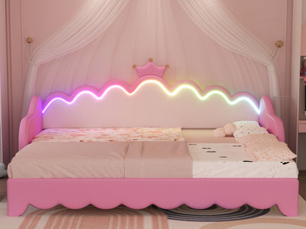 Extending Daybed With LED Lights, Modern Upholstered Princess Daybed With Crown Headboard