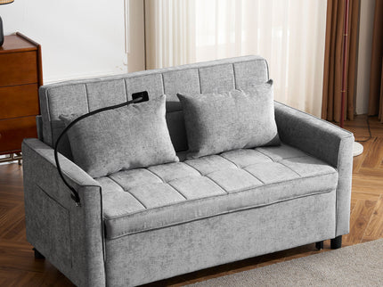 Pull-Out Sleeper Sofa With Reversible Backrest Cushion, Side Pockets, 2 USB Ports And A Phone Holder For Living Room