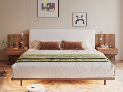 Floating King Size Bed With Integrated Side Tables And Smart Lighting - Beige Gray / White