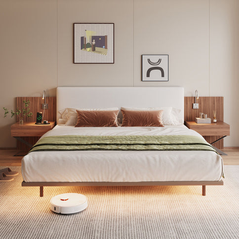 Floating King Size Bed With Integrated Side Tables And Smart Lighting - Beige Gray / White