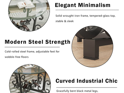 3 Piece Coffee Table Set With Tempered Glass Surface - Black