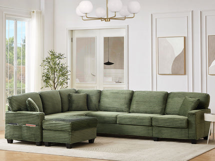 Upholstered U-Shaped Sectional Sofa With Movable Ottoman And Side Storage Pockets