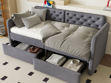 Twin Size Upholstered Daybed With 2 Storage Drawers And USB Charging Design - Gray