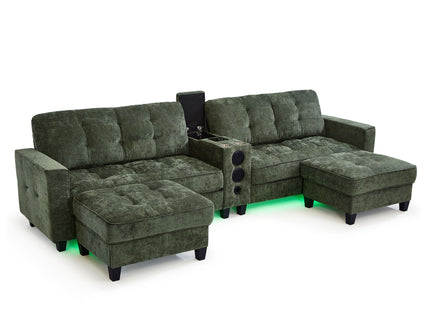 Modern Sectional Sofa U-Shaped With Movable Ottomans, tooth Speakers, LED Lights And Modular Storage