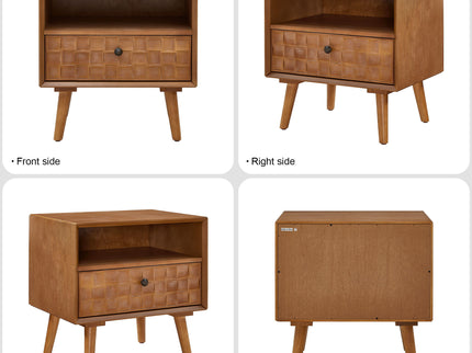 Nightstand With Carved Geometric Drawer Front, 1 Drawer And Open Shelf