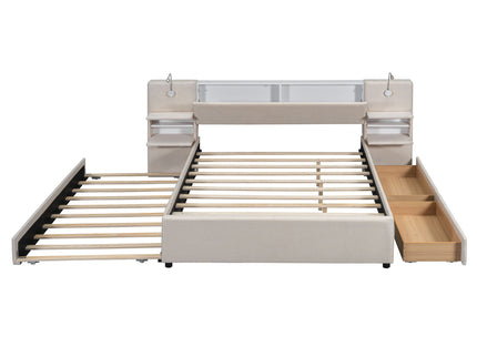 Upholstered Platform Bed With Reading Lights, Drawers, Trundle And Shelves
