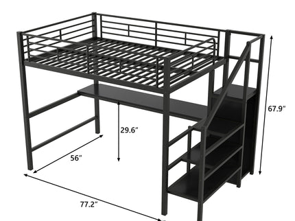 Full Size Loft Bed With Desk, Storage Staircase, Small Wardrobe And LED Light - Black