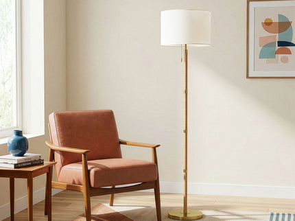 Stellar - Linen Shade Floor Lamp - Gold / Natural Wood / Rattan / White