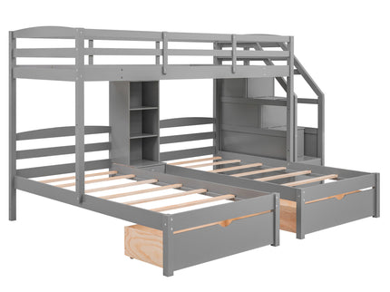 Twin Over Twin & Twin Bunk Bed With Drawers, Staircase Storage, Built In Shelves - Gray