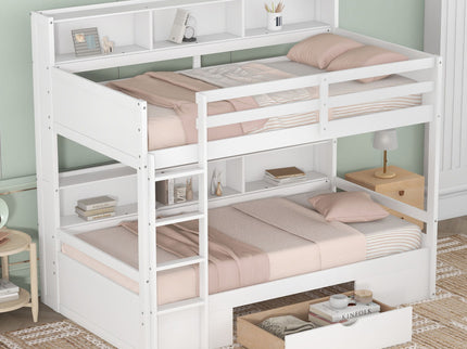 Twin Size Bunk Bed With Built-In Shelves Beside Both Upper And Down Bed And Storage Drawer