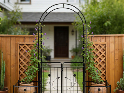 Metal Garden Arch With Gate Wide High Climbing Plants Support Rose Arch Outdoor - Black