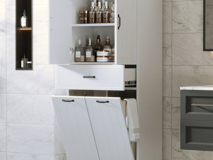 Modern Bathroom Storage Cabinet With Two Laundry Baskets, One Drawer, Adjustable Shelf