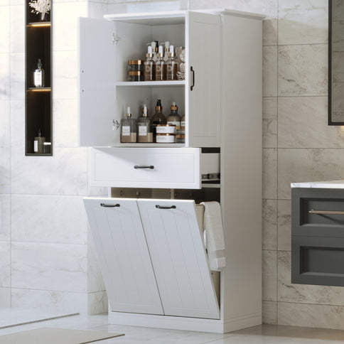 Modern Bathroom Storage Cabinet With Two Laundry Baskets, One Drawer, Adjustable Shelf