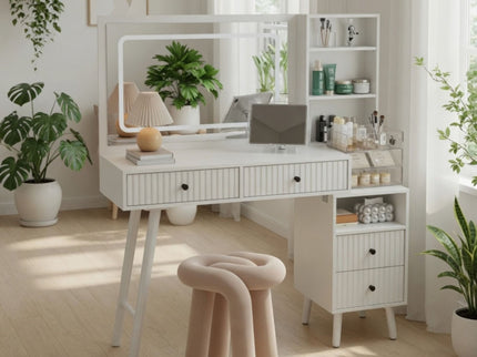 Fluted Vanity Desk With Lighted Mirror & Outlet 4 Drawer, Makeup Table - White