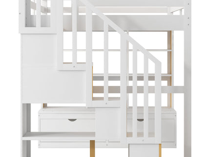 Full Size Loft Bed With Desk And Shelves, 2 Built In Drawers, Storage Staircase - Natural / White