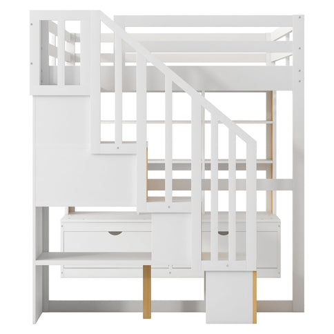 Full Size Loft Bed With Desk And Shelves, 2 Built In Drawers, Storage Staircase - Natural / White