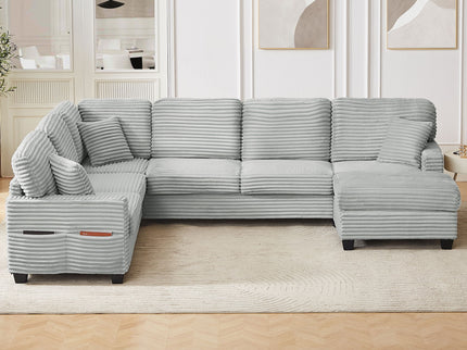 Upholstered U-Shaped Sectional Sofa With Movable Ottoman And Side Storage Pockets