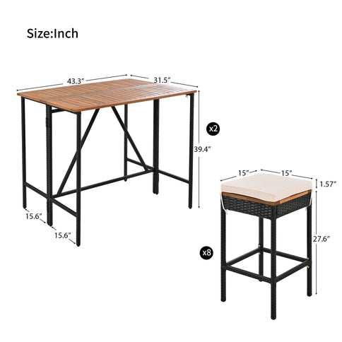 Outdoor Acacia Wood Bar Height Table And Eight Stools With Cushions