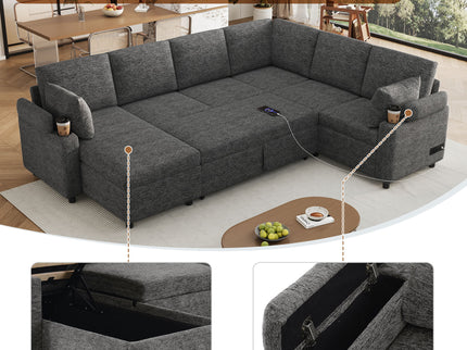 U-Shaped Sectional Sleeper Sofa With Ample Storage Space, 2 Cup Holders And Charging Ports For Living Room
