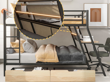Full Size Bunk Bed With Built In Desk, Light, And 2 Drawers - Black