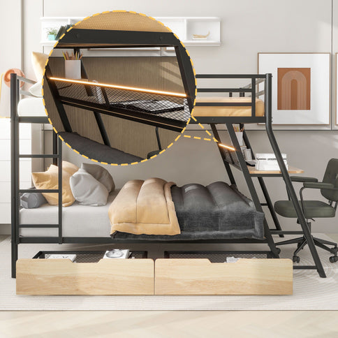 Full Size Bunk Bed With Built In Desk, Light, And 2 Drawers - Black