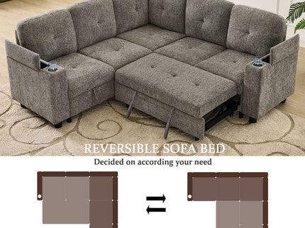 5 Seat Reversible L - Shaped Sleeper Sofa, Pull Out Convertible Sectional Couch With Storage, USB C - Charger, Cup Holders Modular Sofa Bed - Gray